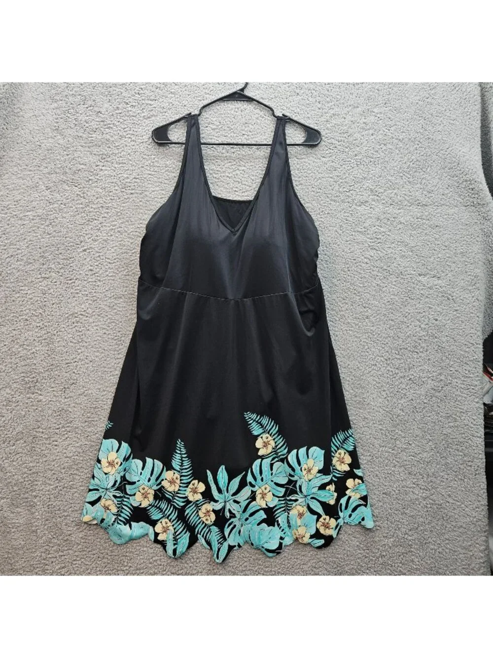 Swimsuit For All Black Blue Size 28 Tropical Print Swim Dress Adjustable Straps